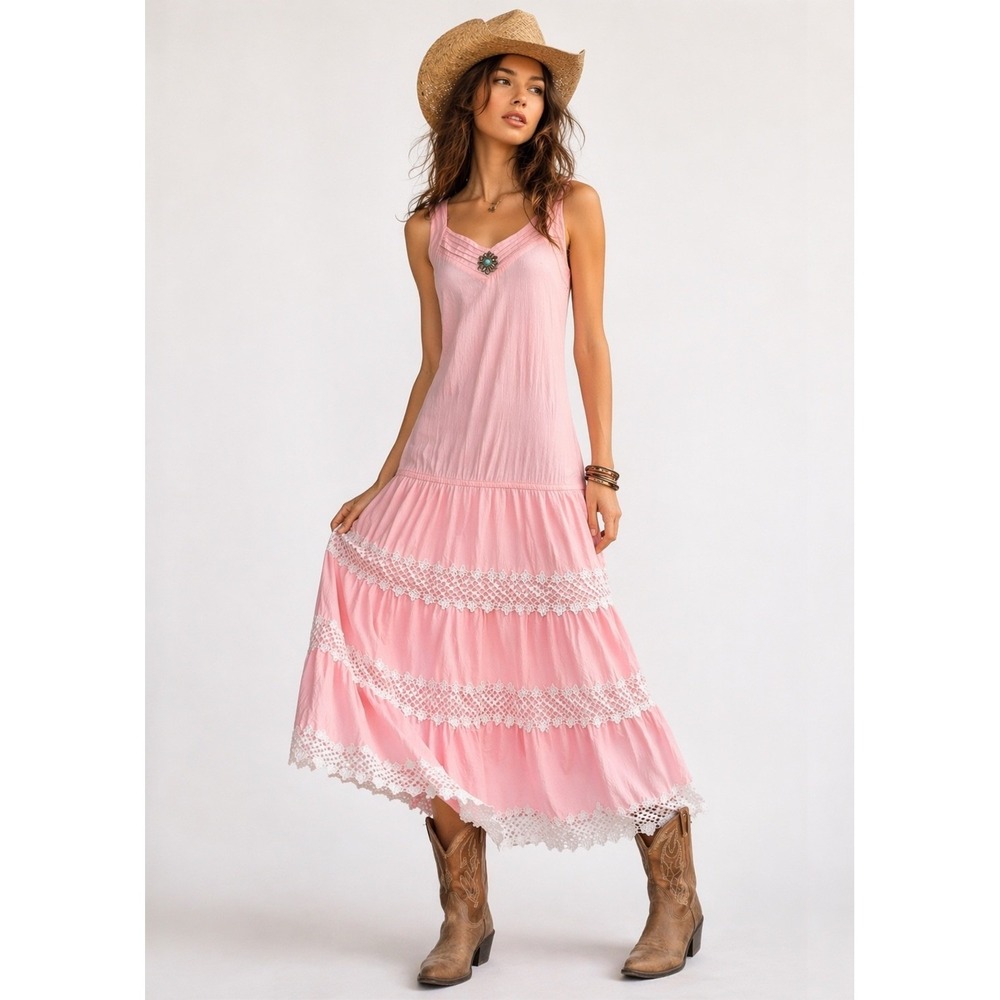 Solitaire Womens Vtg Y2K Lace Trim Tiered Maxi Prairie Dress Size S Western Boho